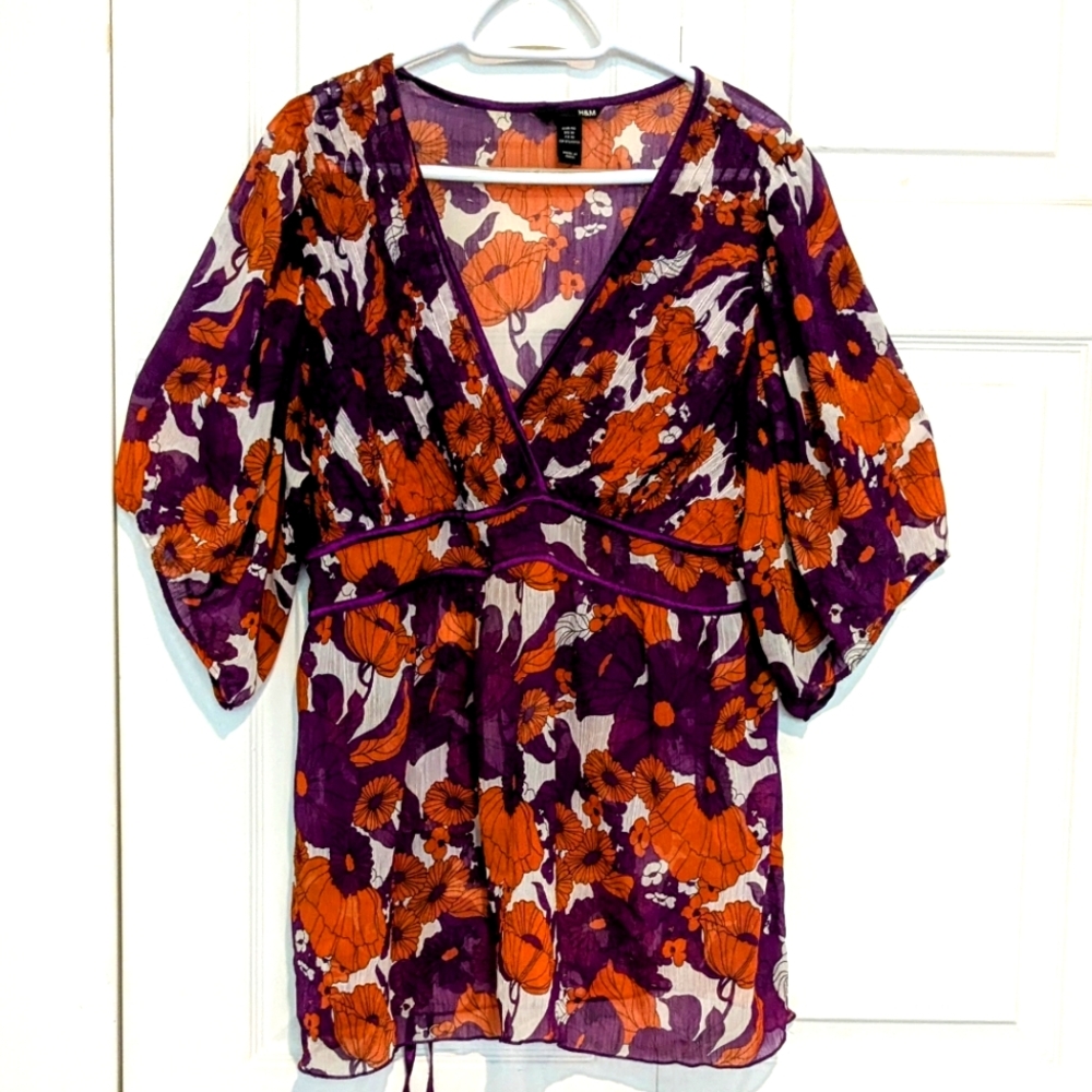 Bold H&M Sheer Tunic with Purple & Orange Flowers Size 16 Plus